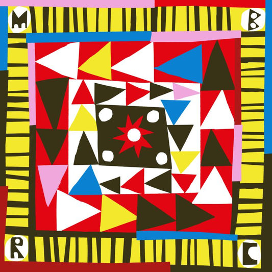 Geometric abstract album cover with triangles, squares, and circles in bright colors.