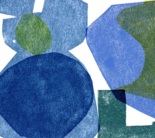 Abstract watercolor shapes in shades of blue and green on white.