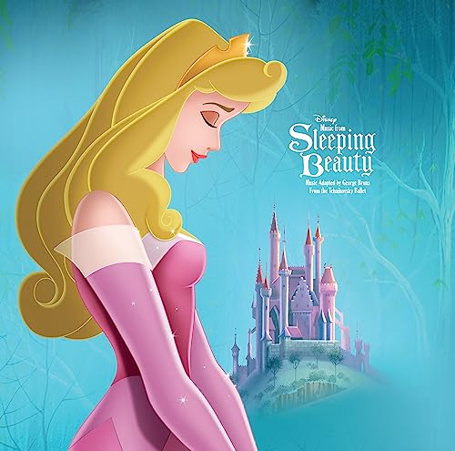 Princess Aurora stands before a castle on this Sleeping Beauty vinyl album cover.