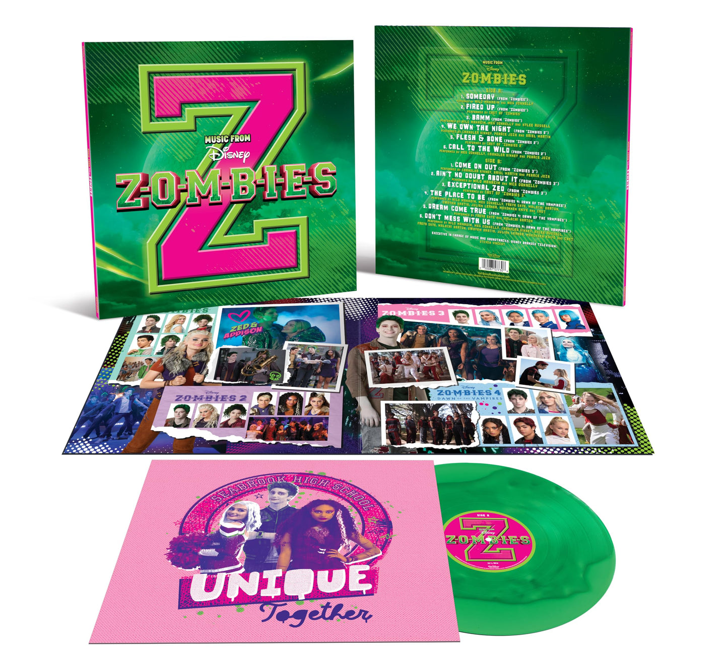 Vinyl record set featuring a green disc, gatefold cover, and collage of movie stills.