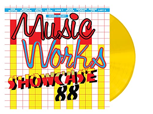 Music Works Showcase '88" vinyl record with colorful geometric cover art.