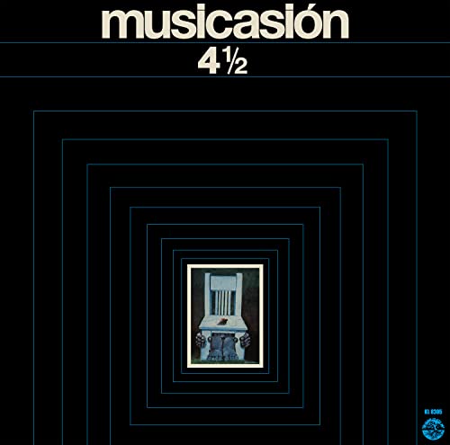 Vinyl cover with text Musicasion 4 1/2 above concentric blue lines and a small chair.