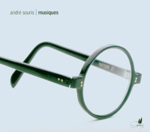 A pair of black glasses on a white background, with text "andri souris | musiques".