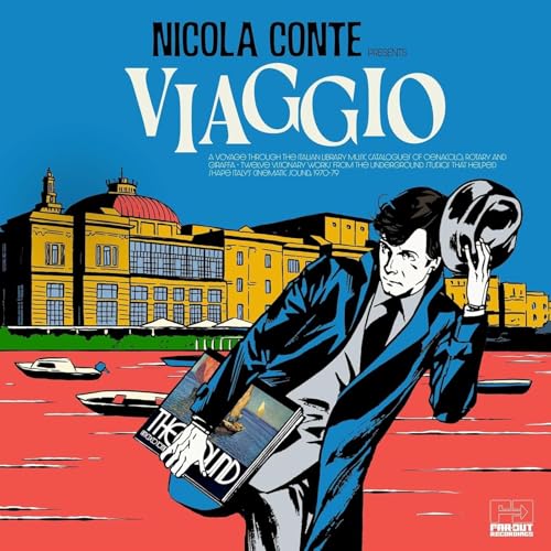 Vinyl album cover: illustrated man with building and boats, bold text "Viaggio".