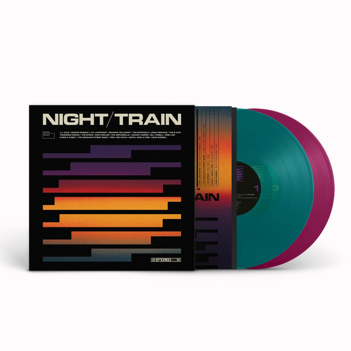 Vinyl record with colorful, abstract cover art and translucent pink/blue discs.