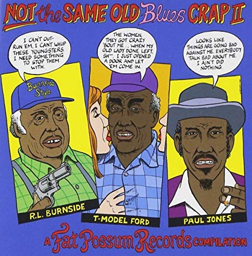 "Album cover with cartoon men and speech bubbles on a blue background."
