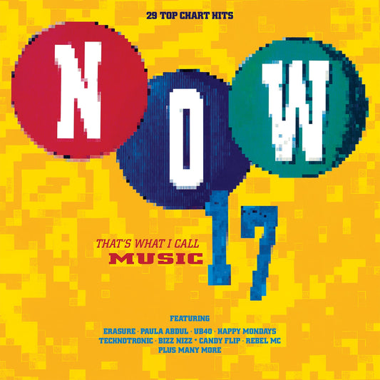 “NOW 17” CD cover with large pixelated letters on a yellow background.