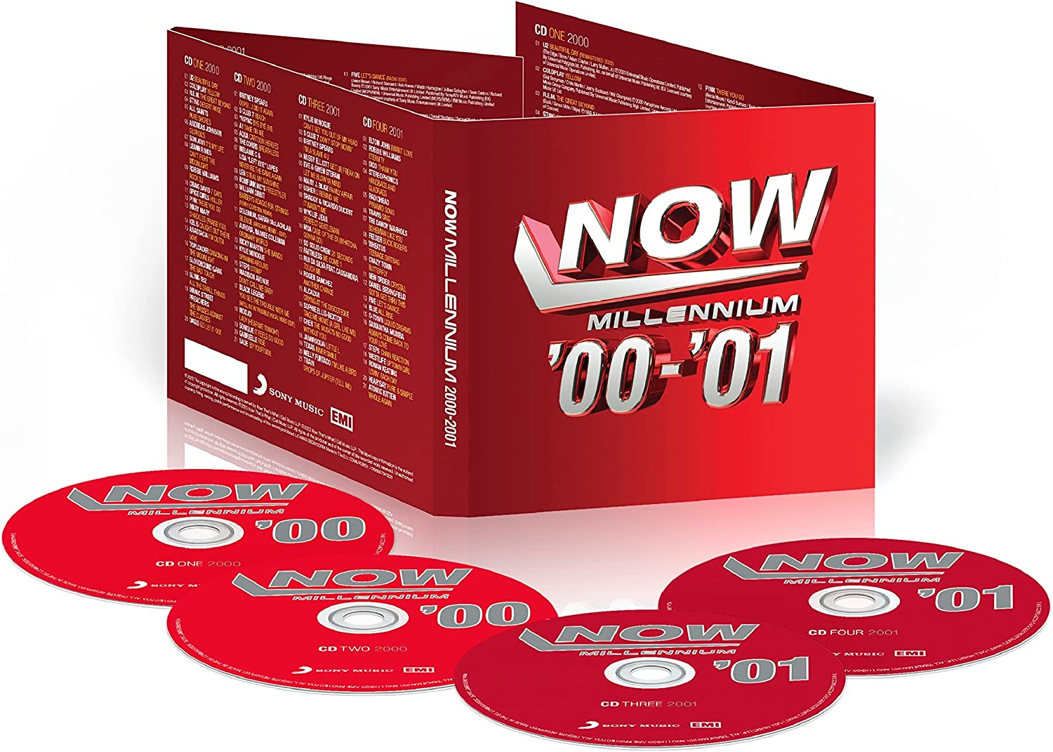 CD case for “NOW - Millennium 2000-2001” with multiple discs visible.