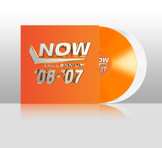 Orange vinyl record album cover and disc titled NOW Millennium 06-07 with metallic text.