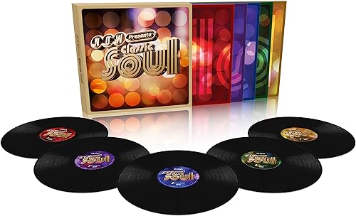 Vinyl record box set with colorful cover and five black vinyl discs.