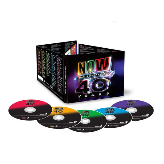 NOW That's What I Call 40 Years" 5-CD set with colorful discs.
