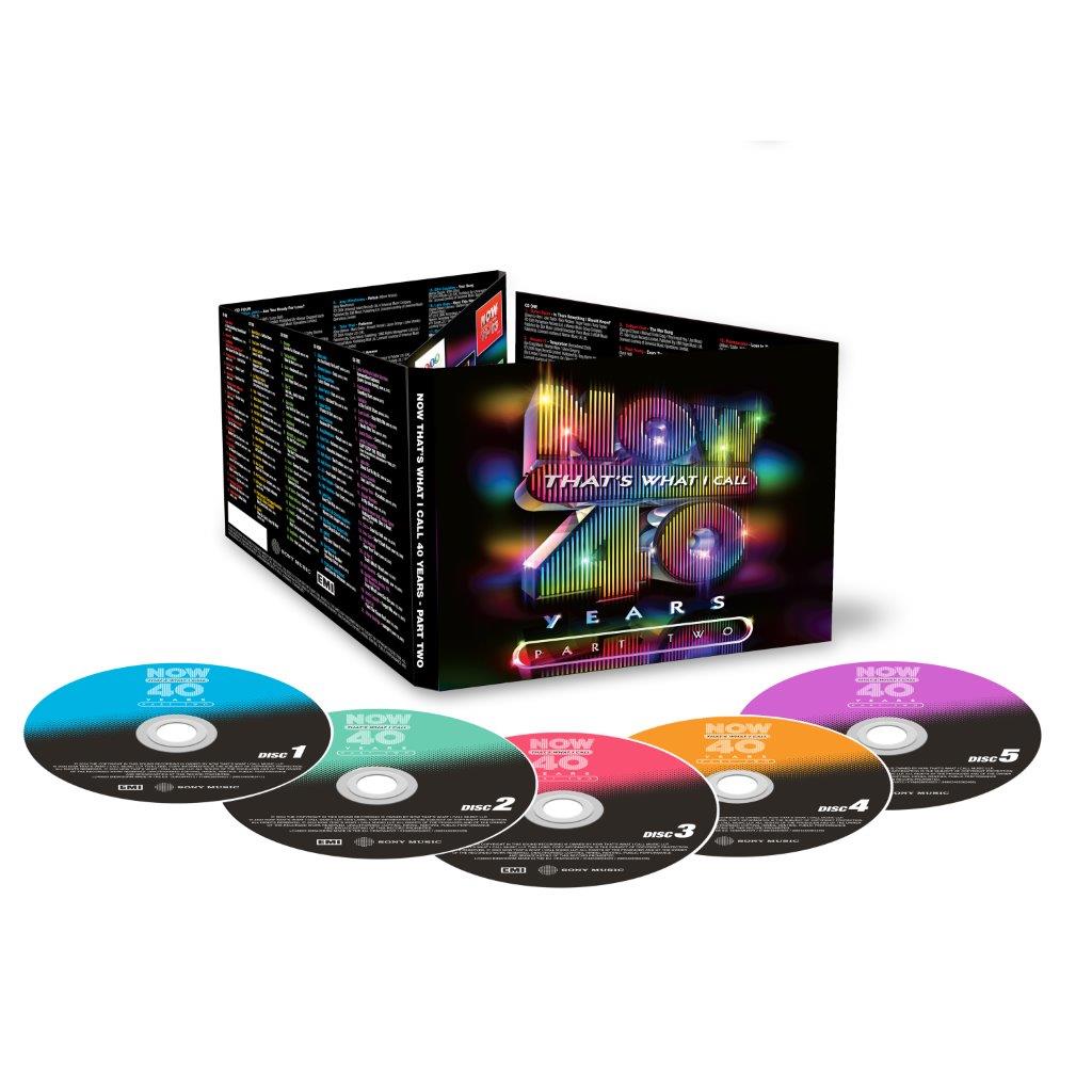 CDC boxCSS boxC-box set with five colorful discs and a booklet for NOW 40 Years.