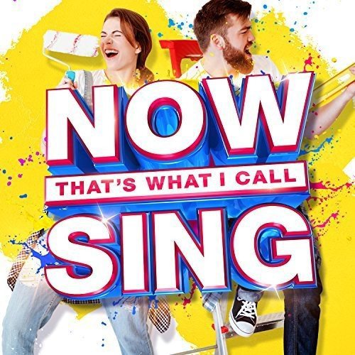 "Album cover with 'Now That's What I Call Sing' text, man and woman singing into microphones."