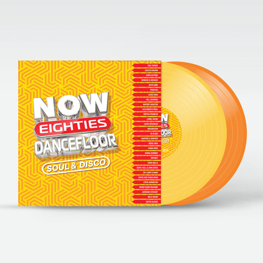 Orange vinyl record cover featuring “NOW Eighties Dancefloor: Soul & Disco” text.
