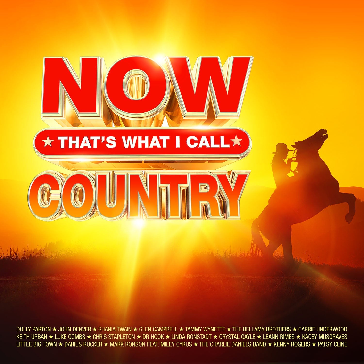 NOW That's What I Call Country album cover with a silhouette of a horse rider.