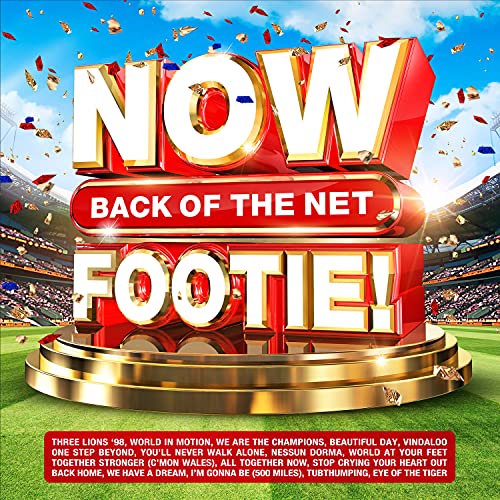 CD cover for “NOW That’s What I Call Footie!” with soccer stadium backdrop.