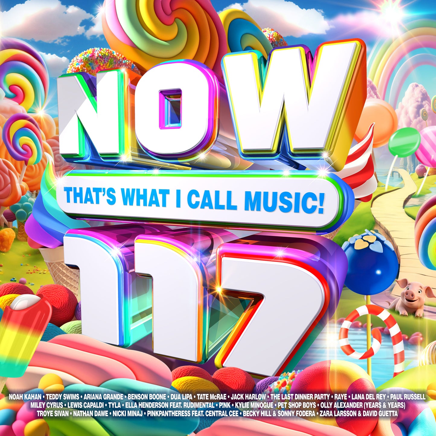 Colorful "NOW 117" CD cover with artist names listed below the title.