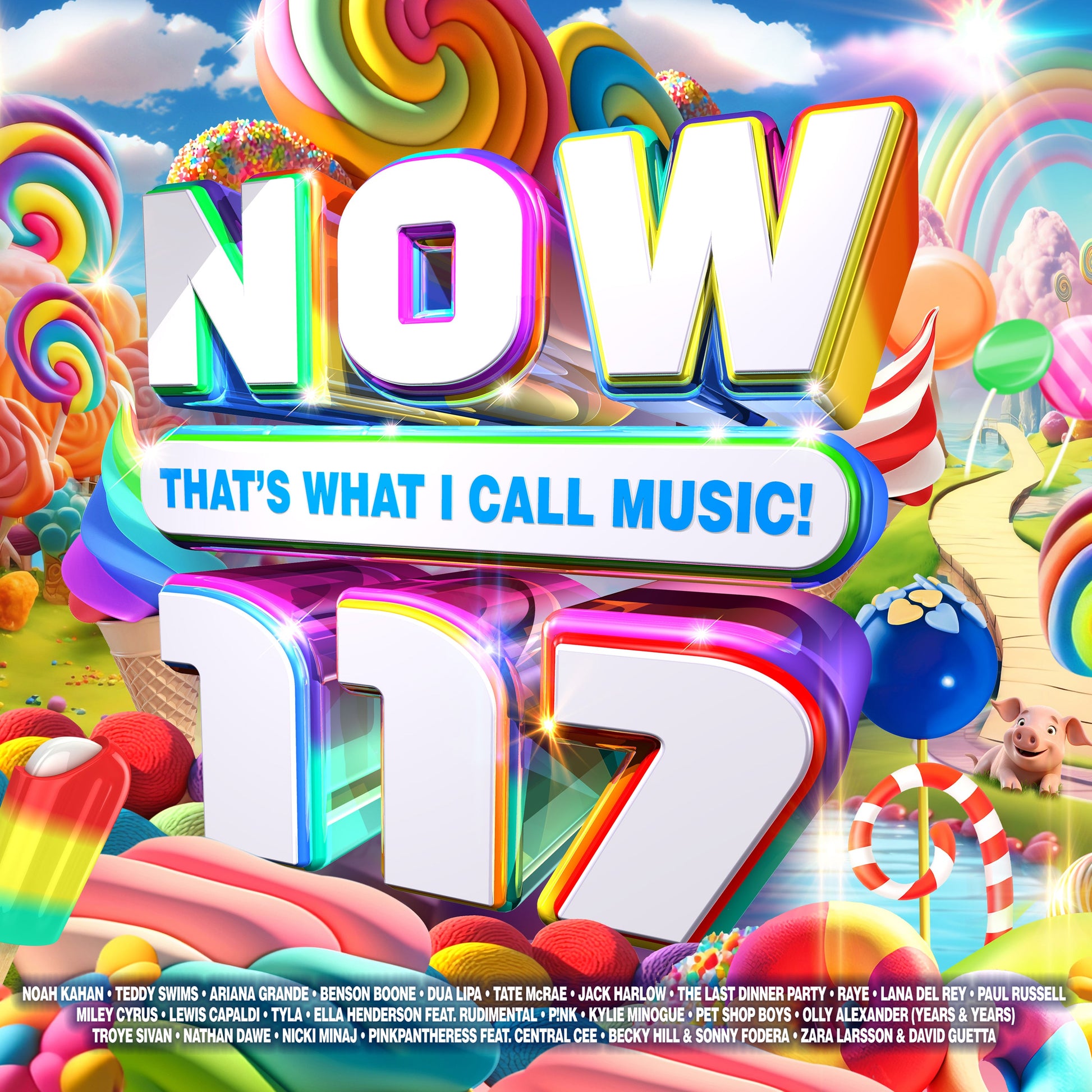 Colorful "NOW 117" CD cover with artist names listed below the title.