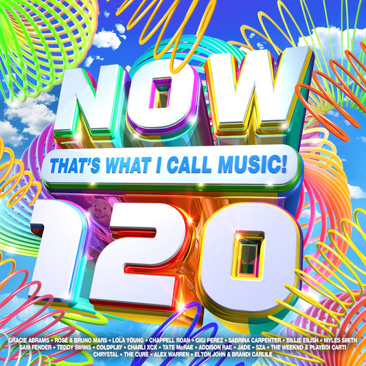 NOW That's What I Call Music! 120 album cover with colorful springs against blue sky.