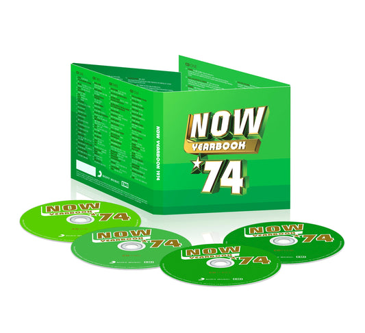 Green “NOW Yearbook ‘74” CD package with four discs displayed.
