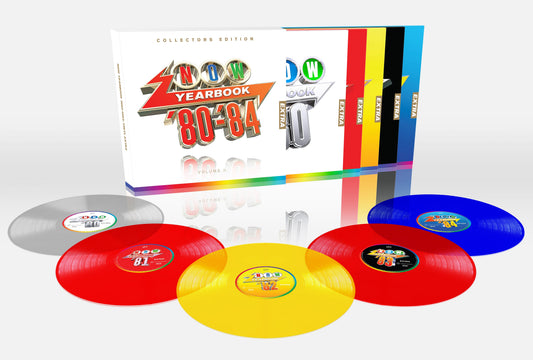Vinyl record box set with colorful records from the 1980s.