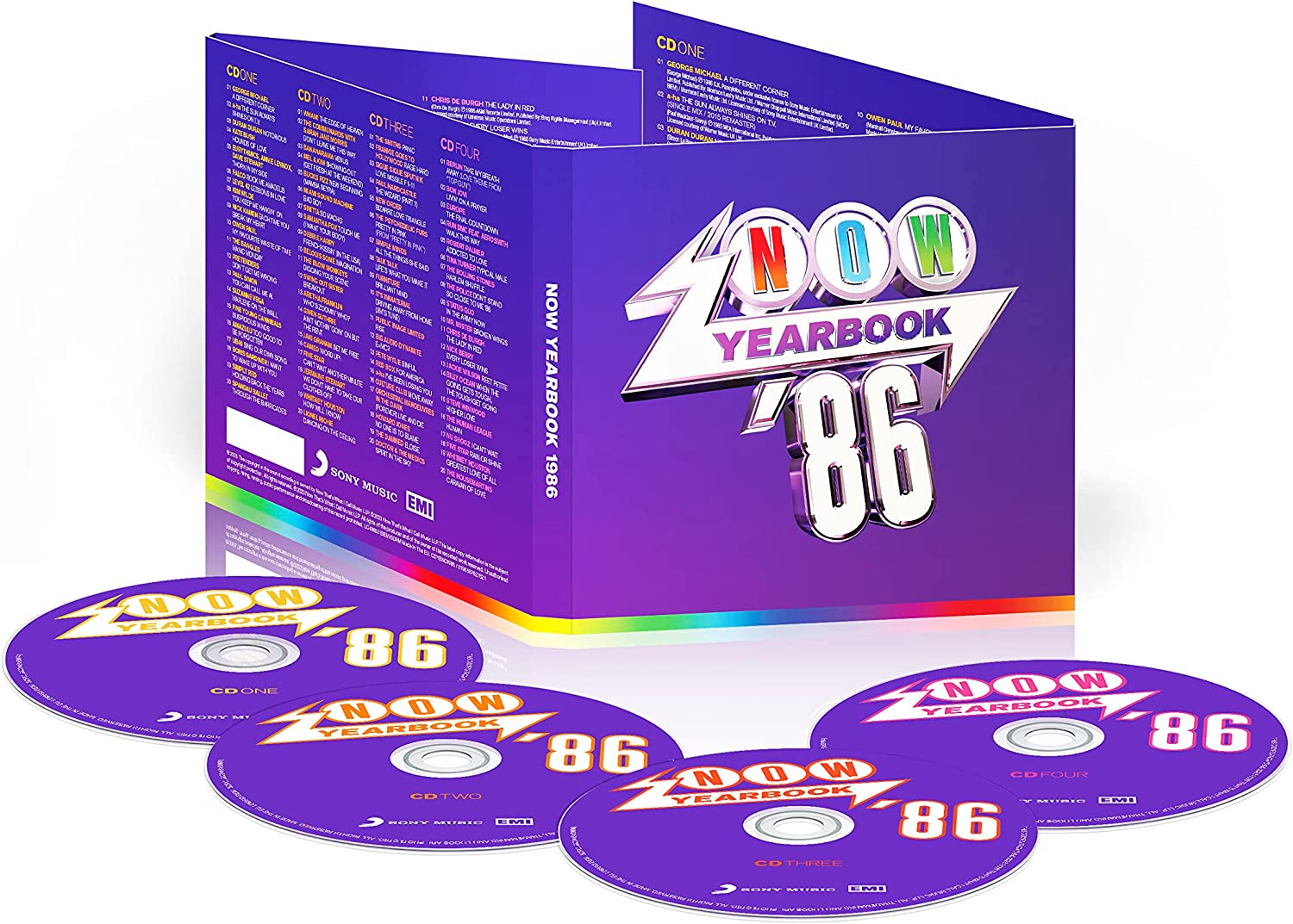 NOW Yearbook 1986 four-CD set with colorful 80s-style cover art.