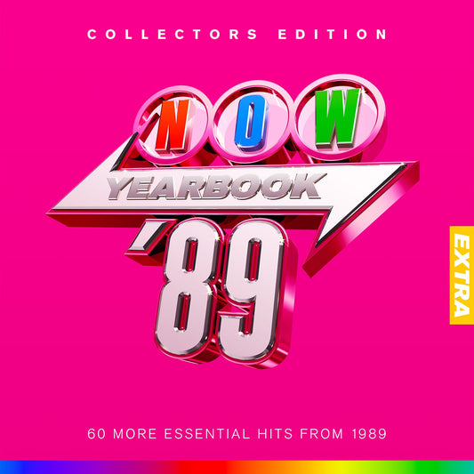 NOW Yearbook Extra 1989 album cover with 3D metallic text on a pink background.