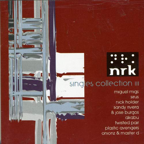 Red CD cover with abstract art, text listing artists, and "nrk" logo.