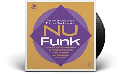 Vinyl record cover with purple diamond design and “NU FUNK” text.