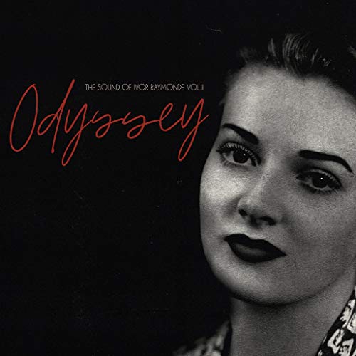 Black and white close-up of a womanS woman with red cursive text Odyssey.
