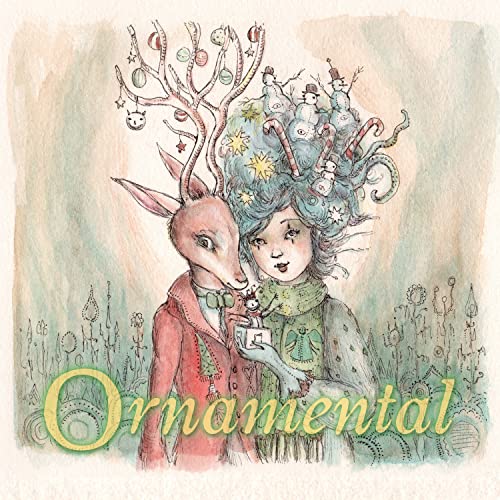 Watercolor illustration of a deer and girl with Christmas ornaments.