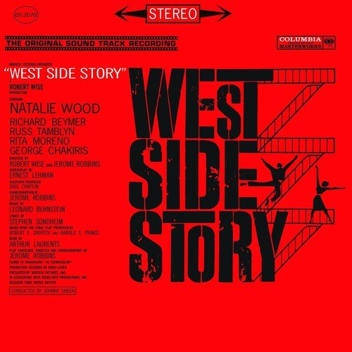 Red “West Side Story” vinyl record cover with bold white lettering and silhouettes.