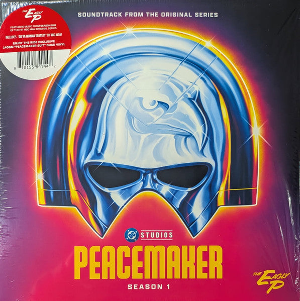 Peacemaker helmet album cover with vibrant neon colors and text.