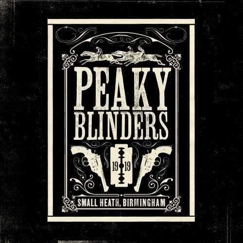 Peaky Blinders" CD cover with guns, horses, and vintage typography.