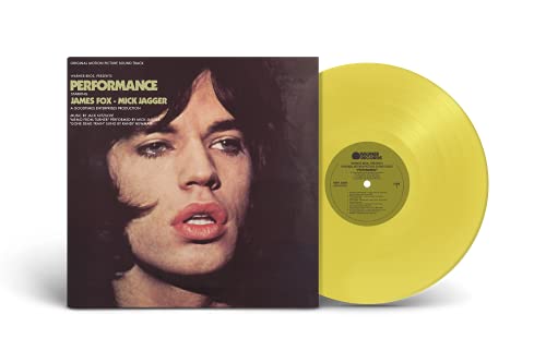 Yellow vinyl record and cover with woman's face and text performance james fox nick jagger.