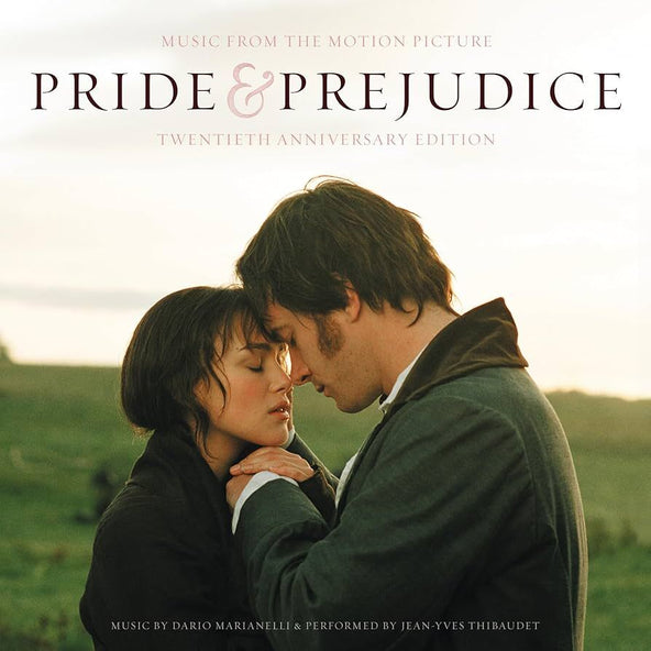 “Pride & Prejudice” soundtrack cover with a couple embracing in a field.