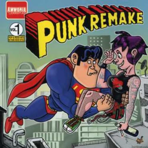 CD cover: cartoon superheroes in a comic book style cityscape.