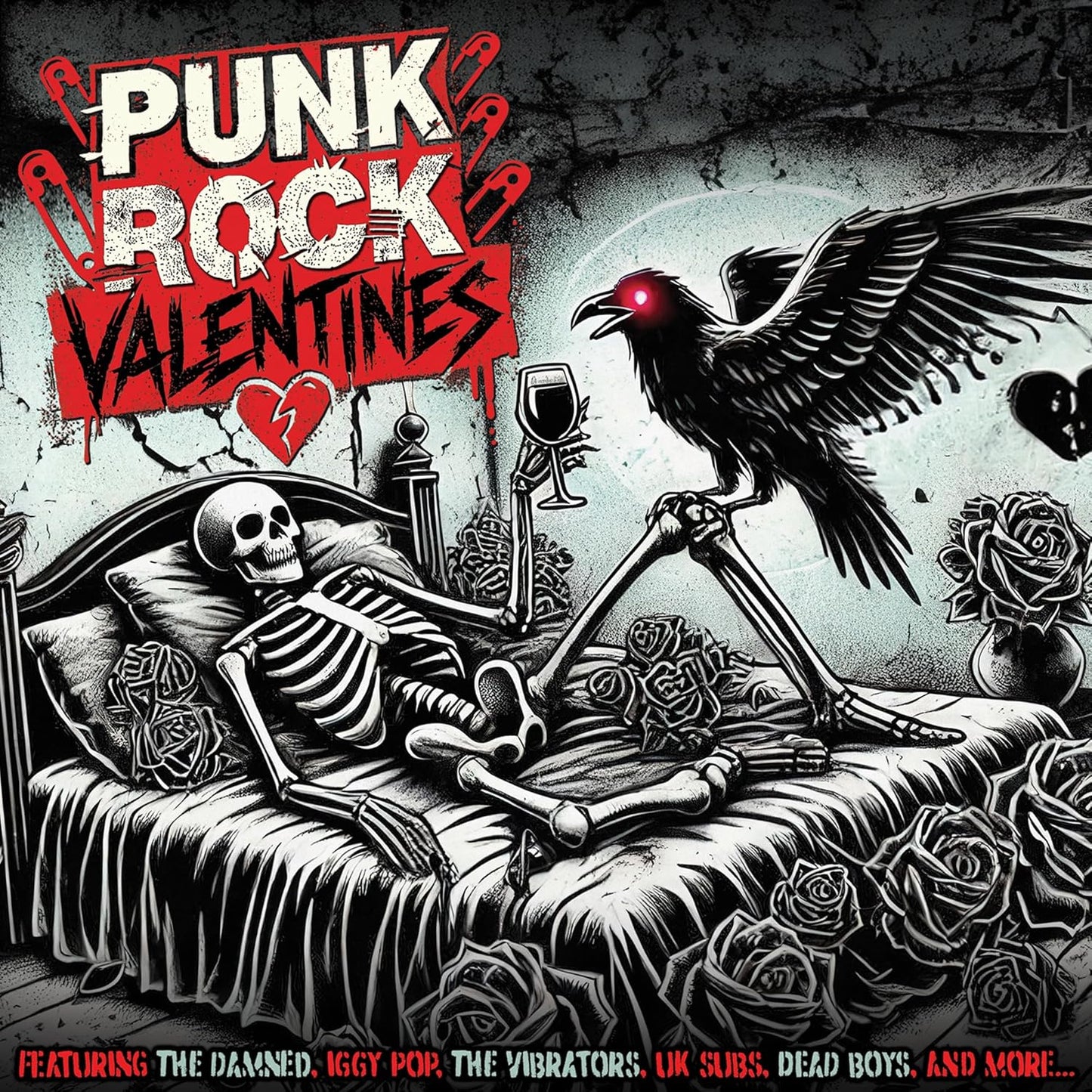 CD cover: skeletons, raven, broken hearts, and roses in a gothic style.