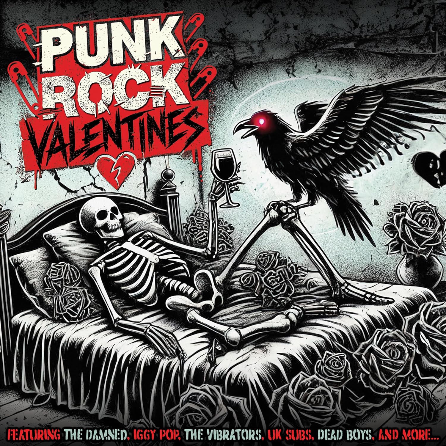 CD cover: skeletons, raven, broken hearts, and roses in a gothic style.