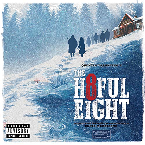 "Snowy scene with silhouettes and cabin; text reads 'The Hateful Eight' in bold letters."