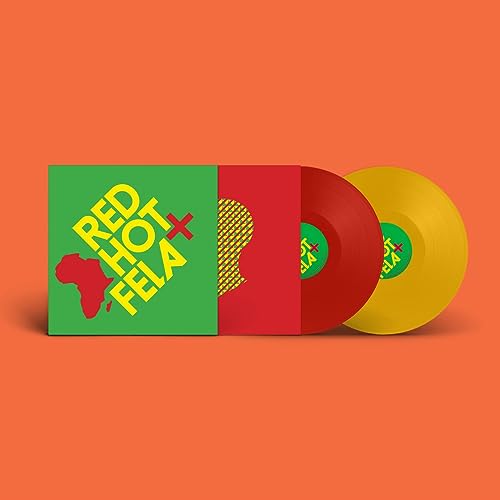Red Hot + Fela vinyl record set with yellow and red discs.