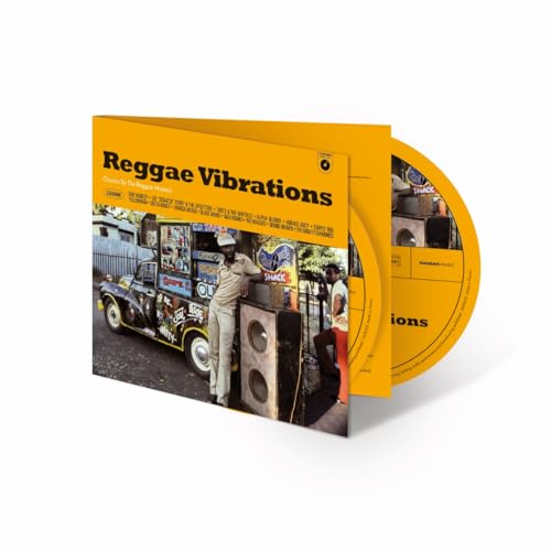 Yellow CD case for “Reggae Vibrations” featuring a vintage sound system scene.