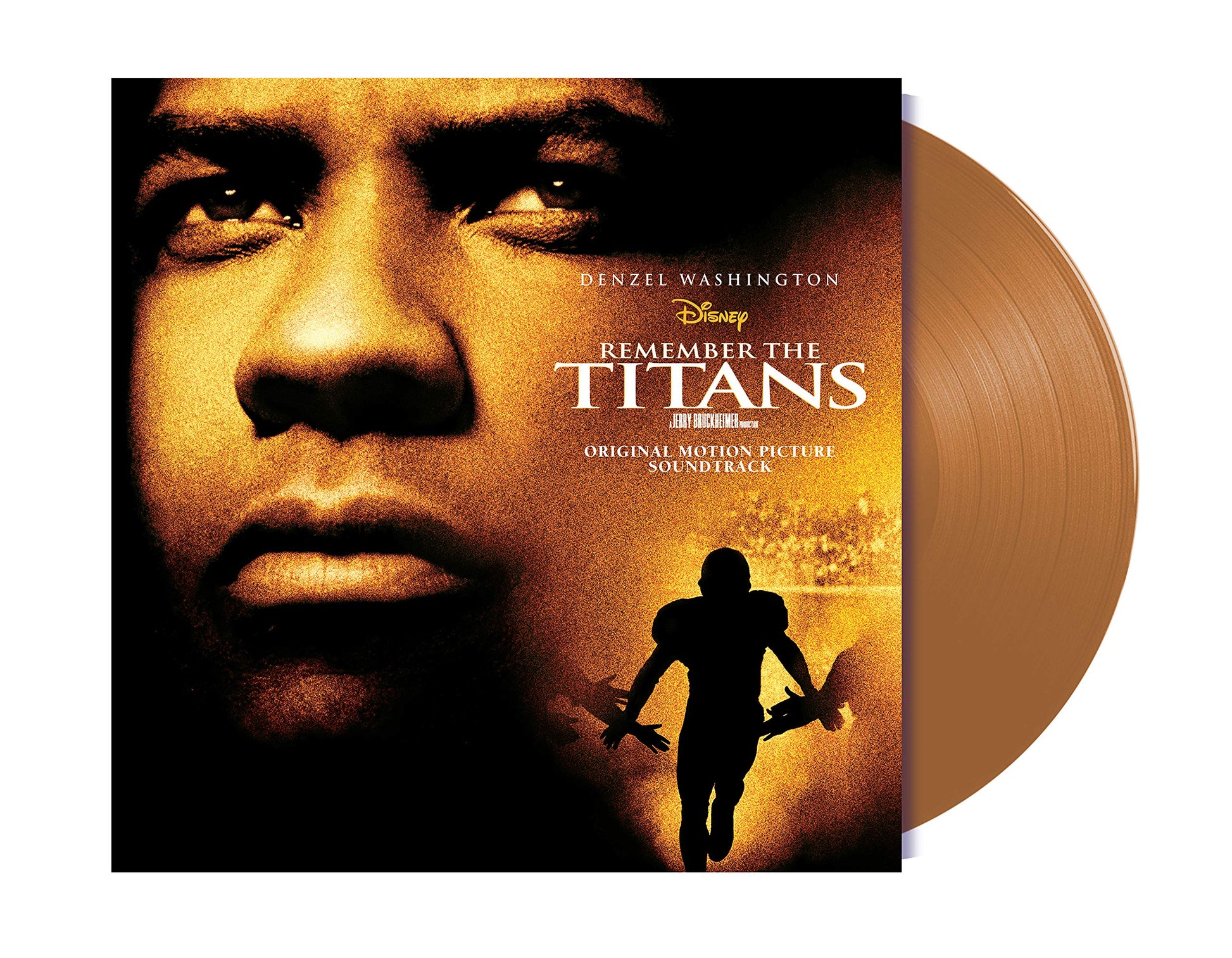 “Remember The Titans” soundtrack caramel vinyl record with Denzel Washington’s portrait.