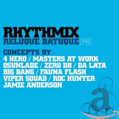 CD cover for "Rhythmix: Reluque Batuque" with white text on a blue background.