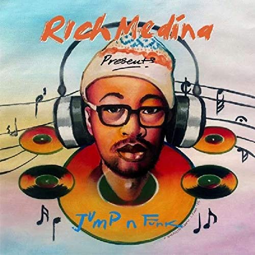 Vinyl record cover featuring a man wearing headphones surrounded by vinyl records and musical notes.