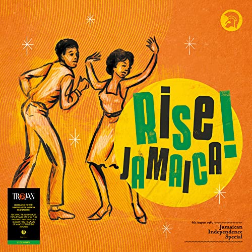 Illustration of a couple dancing on an orange background with the text Rise Jamaica.