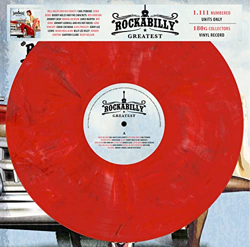Red marbled vinyl record for "Rockabilly Greatest" with artist names listed.