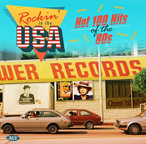 CD cover for "Rockin' in the USA: Hot 100 Hits of the 80s" with cars.