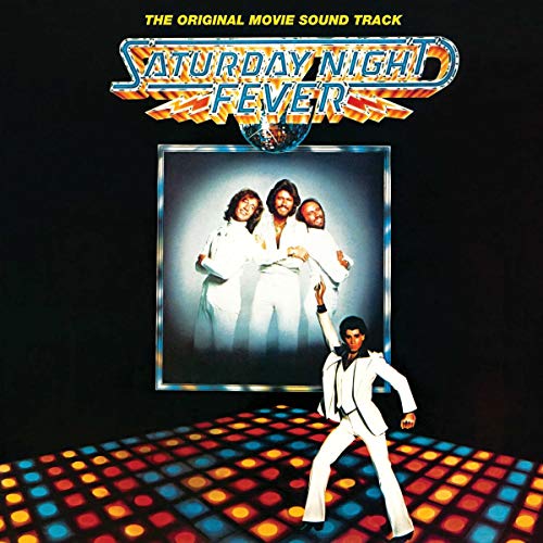 Saturday Night Fever soundtrack cover featuring John Travolta dancing before a framed Bee Gees photo.