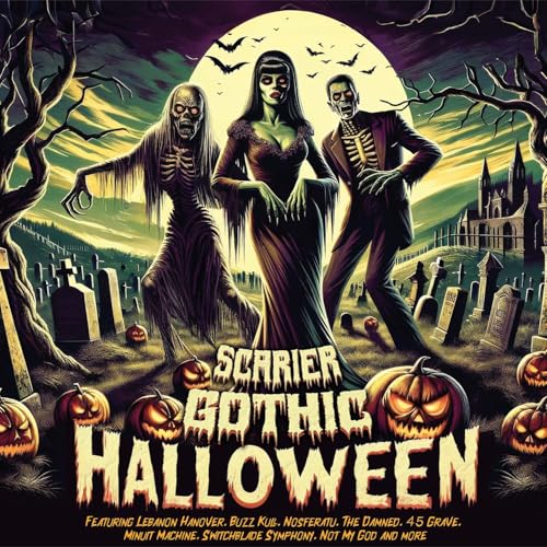 Halloween album cover with gothic monsters, pumpkins, and a spooky graveyard scene.